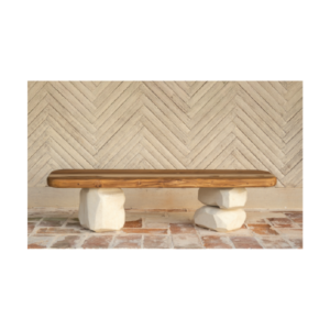 Piedra Bench by Gola Home, sculptural concrete furniture from the Dominican Republic with white concrete stone forms and a solid wood slab seat.
