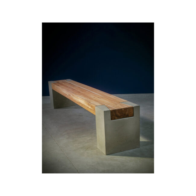 "High-end bench with industrial and natural materials."