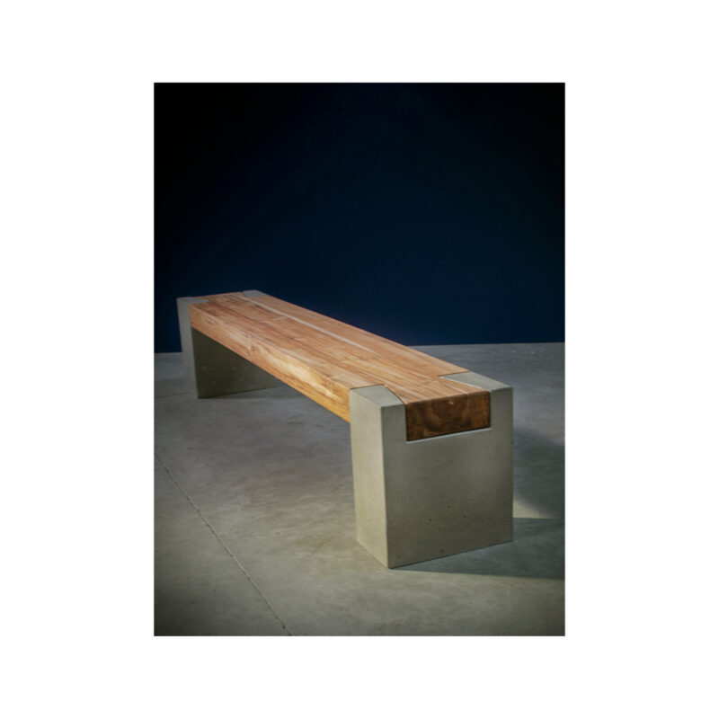 "High-end bench with industrial and natural materials."