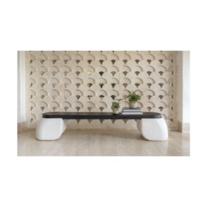 Bao bench with two half-round concrete legs supporting an oval burnt wood seat, high-end modern bench in neutral tones.