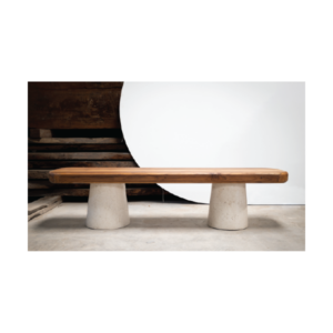 C1 Bench by Gola Home, modern concrete furniture from the Dominican Republic featuring two white concrete cone bases supporting a teak wood seat.