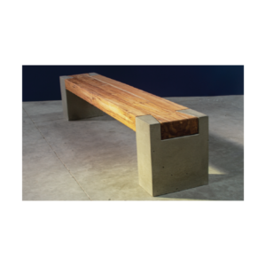 Milano Bench by Gola Home, modern concrete furniture from the Dominican Republic with two square concrete bases and an inlaid natural teak wood seating surface.