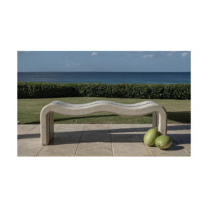 White reinforced concrete wave bench with organic ocean-blue vein detail, sculptural functional art seating by GOLA HOME Dominican Republic.