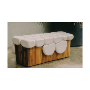 Selva contra Selva Bench by Gola Home, sculptural concrete furniture from the Dominican Republic featuring organic concrete “bubbles” over a natural wood base.