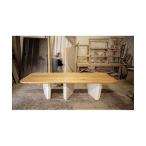 Rectangular Dining Table PA by Gola Home, modern concrete furniture from the Dominican Republic with a natural wood top supported by three white concrete bases positioned asymmetrically.
