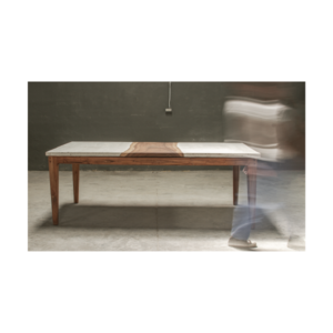 W Dining Table by Gola Home with rectangular concrete top featuring a natural live-edge wood insert at the center and four solid wooden legs, handcrafted in the Dominican Republic.