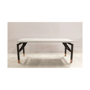 Floating desk in white veined concrete with concealed black metal structure and solid wood base, modern architectural furniture by Gola Home, handcrafted in the Dominican Republic.