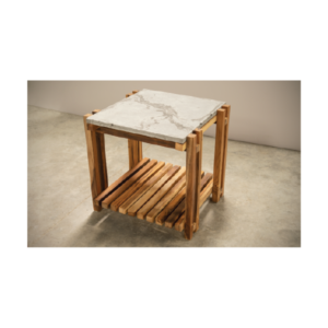 Japandi style side table with concrete top and solid wood frame, featuring lower slatted shelf, handcrafted by Gola Home in the Dominican Republic.