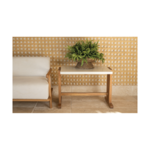 Aguila Side Table with white concrete top and solid wood T-shaped base, handcrafted by Gola Home in the Dominican Republic.