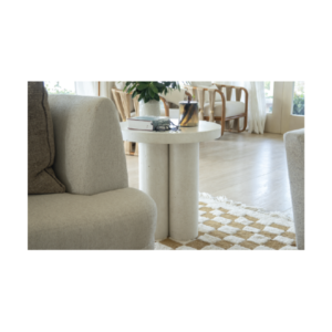 Pilares Side Table with round concrete top and cylindrical pillar base, sculptural handcrafted furniture by Gola Home in the Dominican Republic.