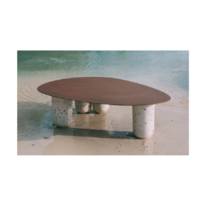Buque organic terrazzo concrete coffee table with rusted metal top and asymmetrical base