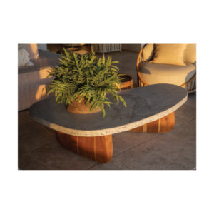 Organic coffee table by Gola Home with irregular curved concrete top featuring natural veining and a solid wood base, handcrafted in the Dominican Republic.