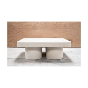 Robust square concrete top coffee table with cylindrical concrete pillar bases, modern and durable outdoor and indoor design.