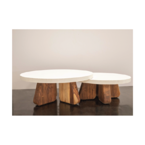 Sculptural clover-shaped coffee table with three organic wood legs and round white concrete tops, balanced and modern design.