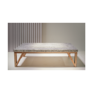 Modern concrete and wood coffee table with rectangular veined concrete top and solid wood frame, handcrafted contemporary furniture by Gola Home.