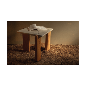 Peninsula side table measuring 61 x 61 x 61 cm with a white concrete top featuring subtle slate-toned veining, supported by three solid rosewood pillars.