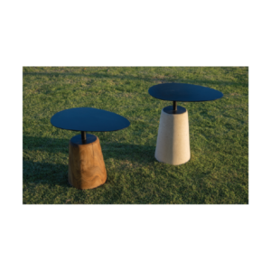 Seta auxiliary table with an organic-shaped tabletop supported by a slim metal rod and a conical white concrete or wood base.