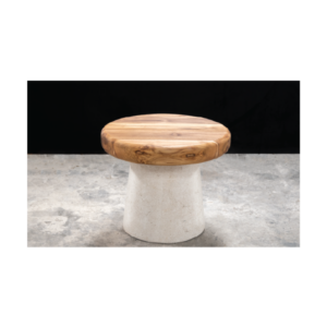 C1 Ottoman by Gola Home with white concrete cone base and round solid wood seat, modern handcrafted furniture from the Dominican Republic.