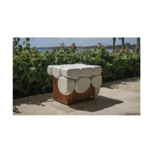Selva contra Selva Bench by Gola Home, sculptural concrete furniture from the Dominican Republic featuring organic concrete “bubbles” over a natural wood base.