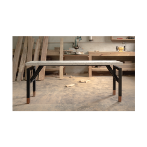 Flotante console table in white veined concrete with hidden black metal structure and solid wood base, modern sculptural furniture by Gola Home, handcrafted in the Dominican Republic.