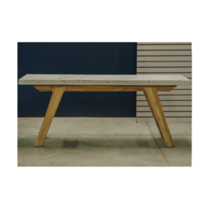 Modern concrete and wood M console table, clean lines and minimalistic design for indoors and outdoor spaces.