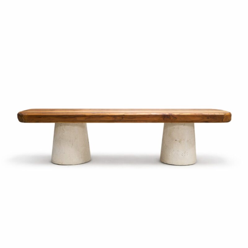 C1 Bench by Gola Home, modern concrete furniture from the Dominican Republic featuring two white concrete cone bases supporting a teak wood seat.