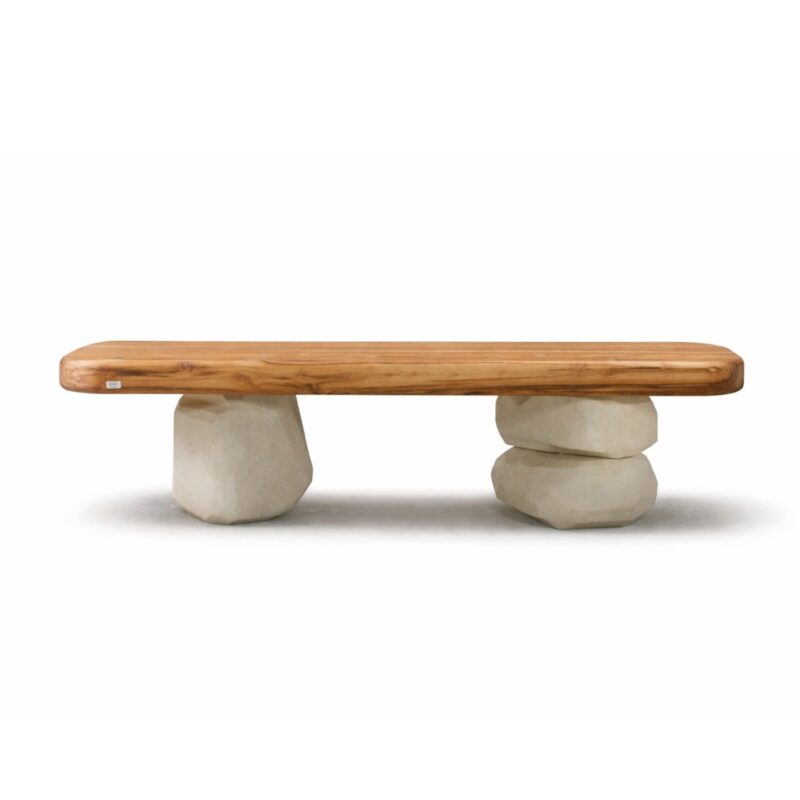 Piedra Bench by Gola Home, sculptural concrete furniture from the Dominican Republic with white concrete stone forms and a solid wood slab seat.