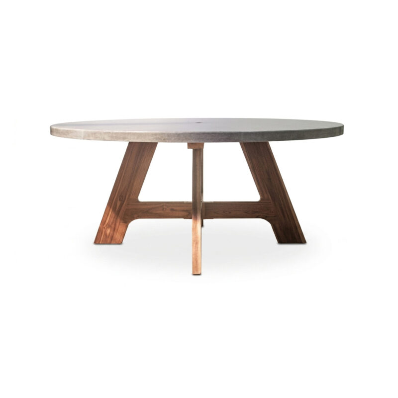 Dining Table A by Gola Home, classic concrete furniture from the Dominican Republic with polished round concrete top and double-A teak wood base.