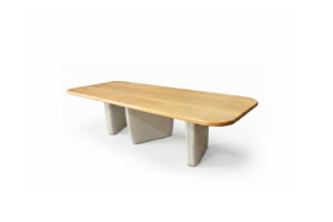 Rectangular Dining Table PA by Gola Home, modern concrete furniture from the Dominican Republic with a natural wood top supported by three white concrete bases positioned asymmetrically.
