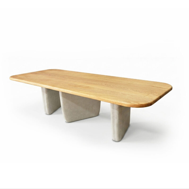 Rectangular Dining Table PA by Gola Home, modern concrete furniture from the Dominican Republic with a natural wood top supported by three white concrete bases positioned asymmetrically.