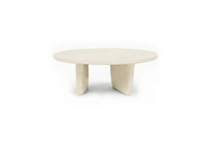 Round Dining Table PA by Gola Home, modern concrete furniture from the Dominican Republic with a natural wood top and three asymmetrically positioned white concrete bases.