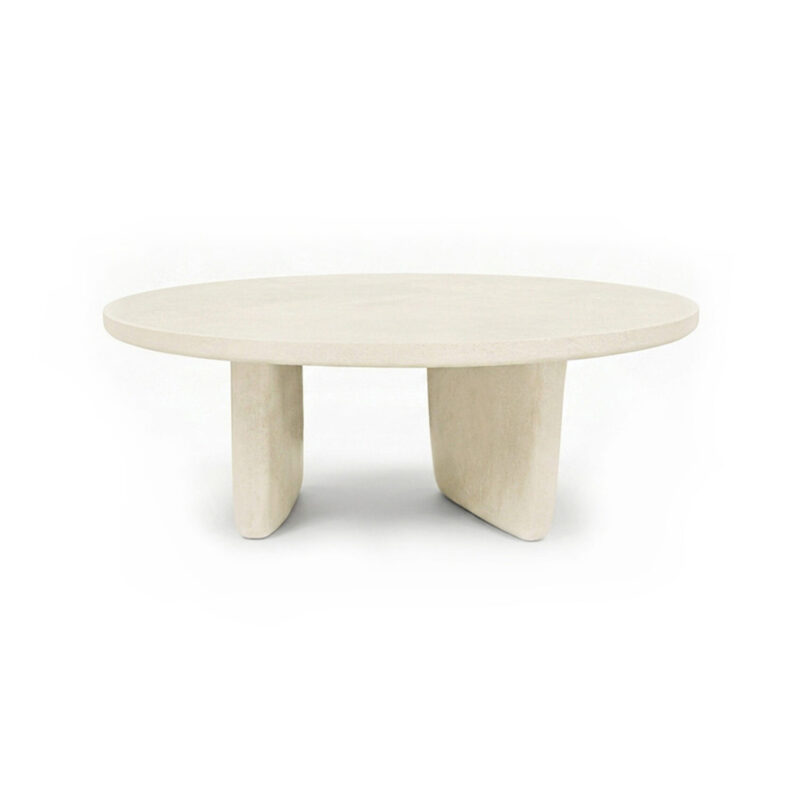 Round Dining Table PA by Gola Home, modern concrete furniture from the Dominican Republic with a natural wood top and three asymmetrically positioned white concrete bases.