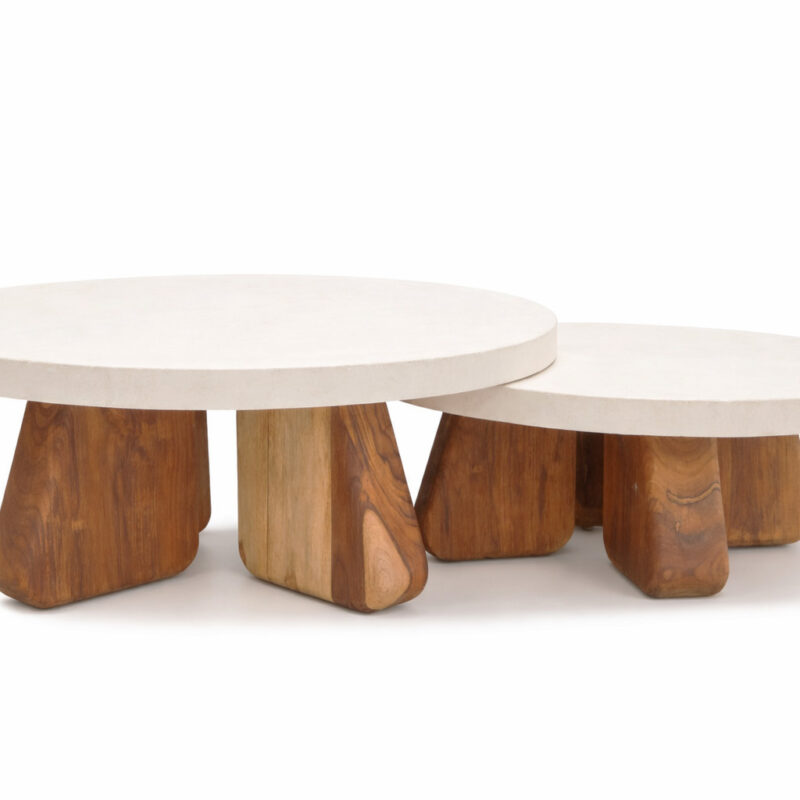 Sculptural clover-shaped coffee table with three organic wood legs and round white concrete tops, balanced and modern design.
