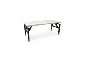 Flotante desk in white veined concrete with concealed black metal structure and solid wood base, modern architectural furniture by Gola Home, handcrafted in the Dominican Republic.