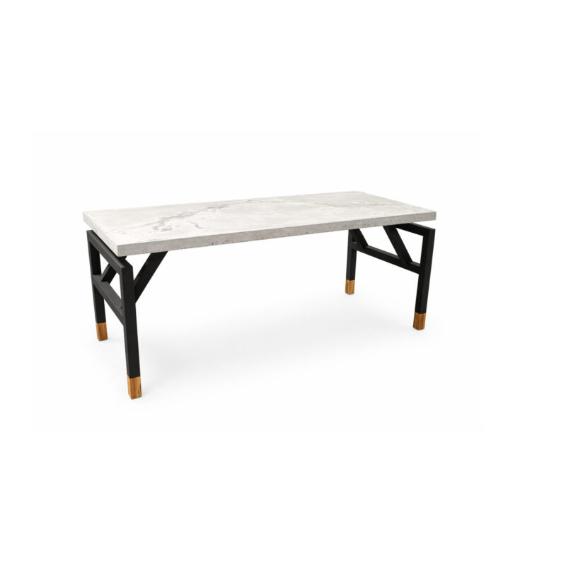 Flotante desk in white veined concrete with concealed black metal structure and solid wood base, modern architectural furniture by Gola Home, handcrafted in the Dominican Republic.