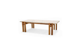 Japandi style coffee table with concrete top and solid wood frame, featuring lower slatted shelf, handcrafted by Gola Home in the Dominican Republic.