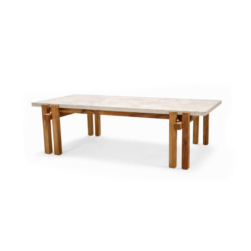 Japandi style coffee table with concrete top and solid wood frame, featuring lower slatted shelf, handcrafted by Gola Home in the Dominican Republic.