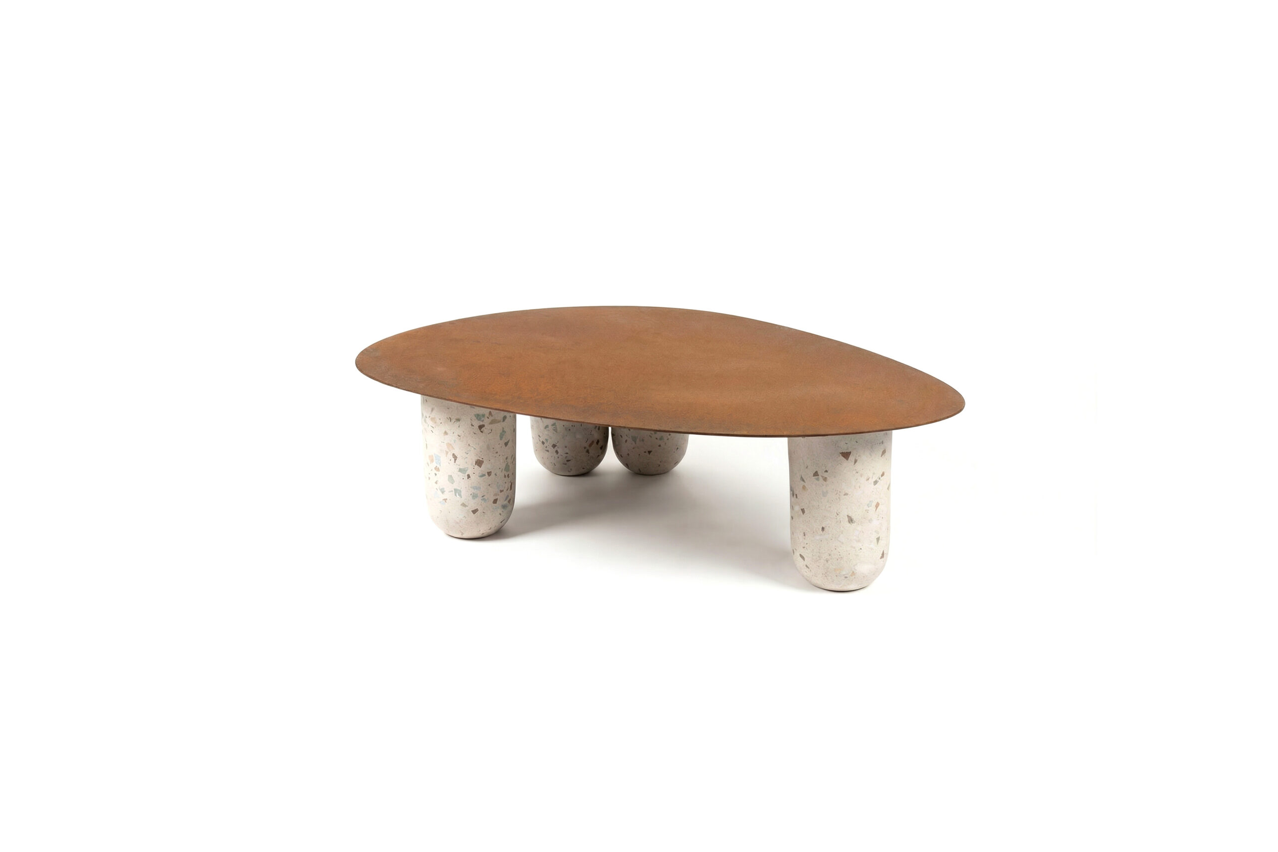 BUQUE organic coffee table with terrazzo concrete legs and rust-finished metal top, sculptural asymmetrical design by Gola Home, handcrafted in the Dominican Republic.