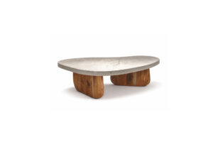 Organic coffee table by Gola Home with irregular curved concrete top featuring natural veining and a solid wood base, handcrafted in the Dominican Republic.