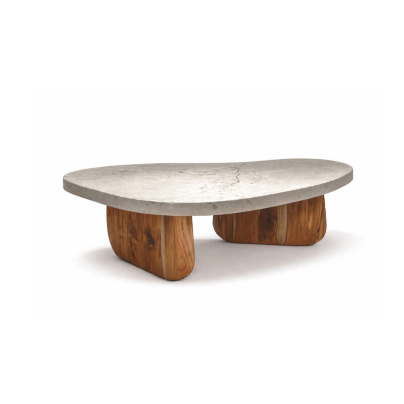 Organic coffee table by Gola Home with irregular curved concrete top featuring natural veining and a solid wood base, handcrafted in the Dominican Republic.