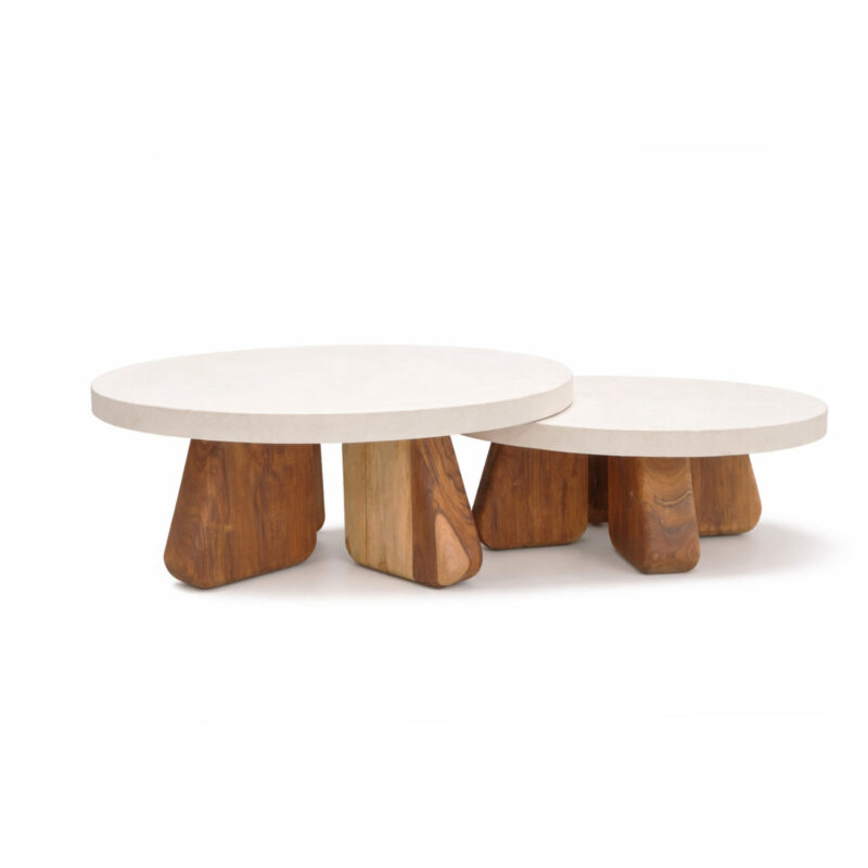 Sculptural clover-shaped coffee table with three organic wood legs and round white concrete tops, balanced and modern design.