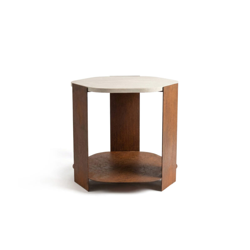 Ferro side table with hexagonal oxidized metal base in a bronze-orange tone and a beige concrete top with dark veining, sculptural statement table measuring 66 x 61 x 61 cm.