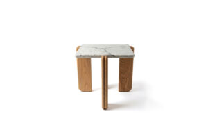 Peninsula side table measuring 61 x 61 x 61 cm with a white concrete top featuring subtle slate-toned veining, supported by three solid rosewood pillars.