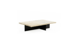 Raw white concrete coffee table with rock-like unpolished edges, separated slab top, and thin black iron base.