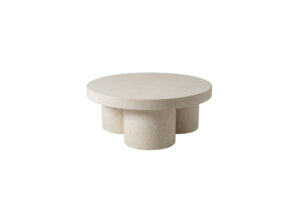 Robust round and square concrete top coffee table with cylindrical concrete pillar bases, modern and durable outdoor design.