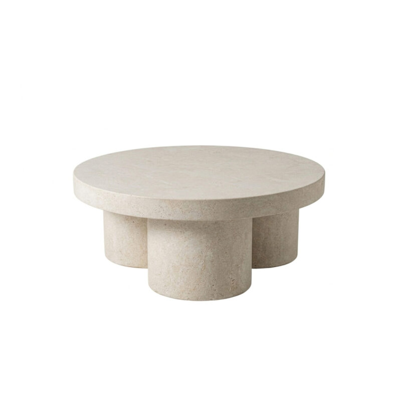 Robust round and square concrete top coffee table with cylindrical concrete pillar bases, modern and durable outdoor design.