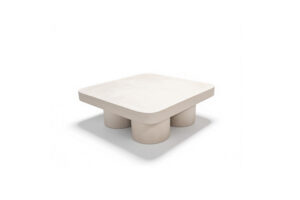 Robust round and square concrete top coffee table with cylindrical concrete pillar bases, modern and durable outdoor design.
