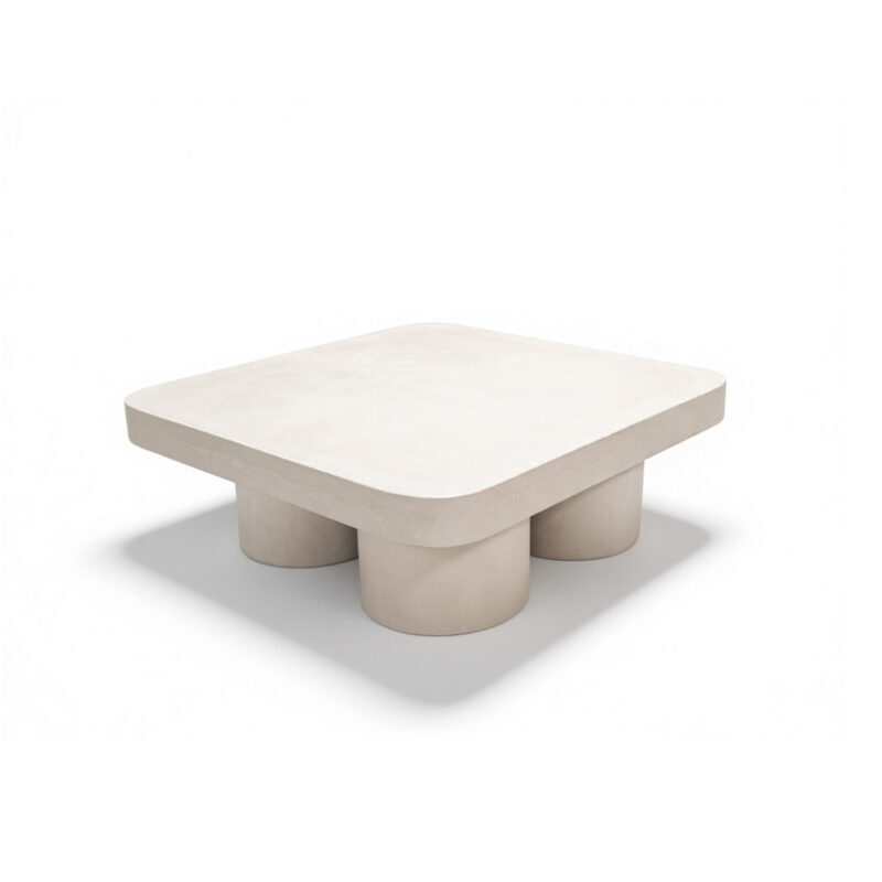 Robust round and square concrete top coffee table with cylindrical concrete pillar bases, modern and durable outdoor design.
