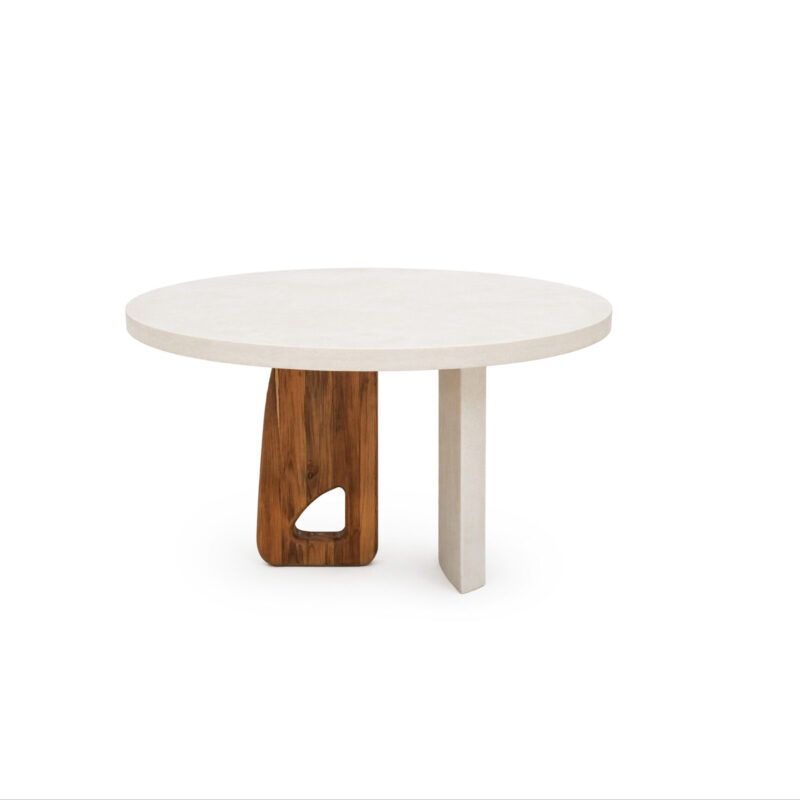 Memphis Dining Table by Gola Home, modern concrete dining table with a white concrete top, a sculptural curved concrete base, and a solid wood leg with a hollow cut-out detail, made in the Dominican Republic.