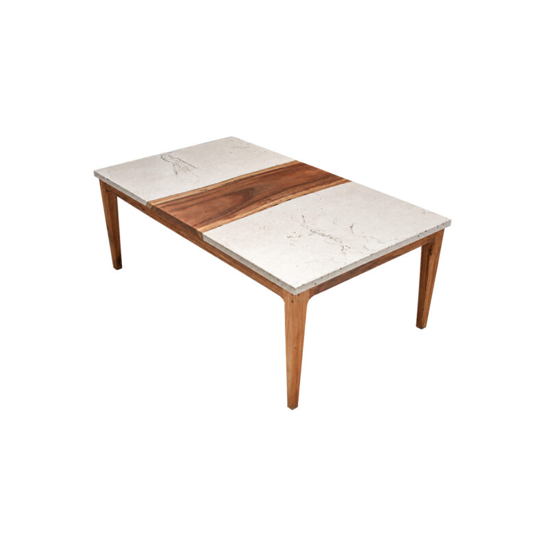 W Dining Table by Gola Home with rectangular concrete top featuring a natural live-edge wood insert at the center and four solid wooden legs, handcrafted in the Dominican Republic.